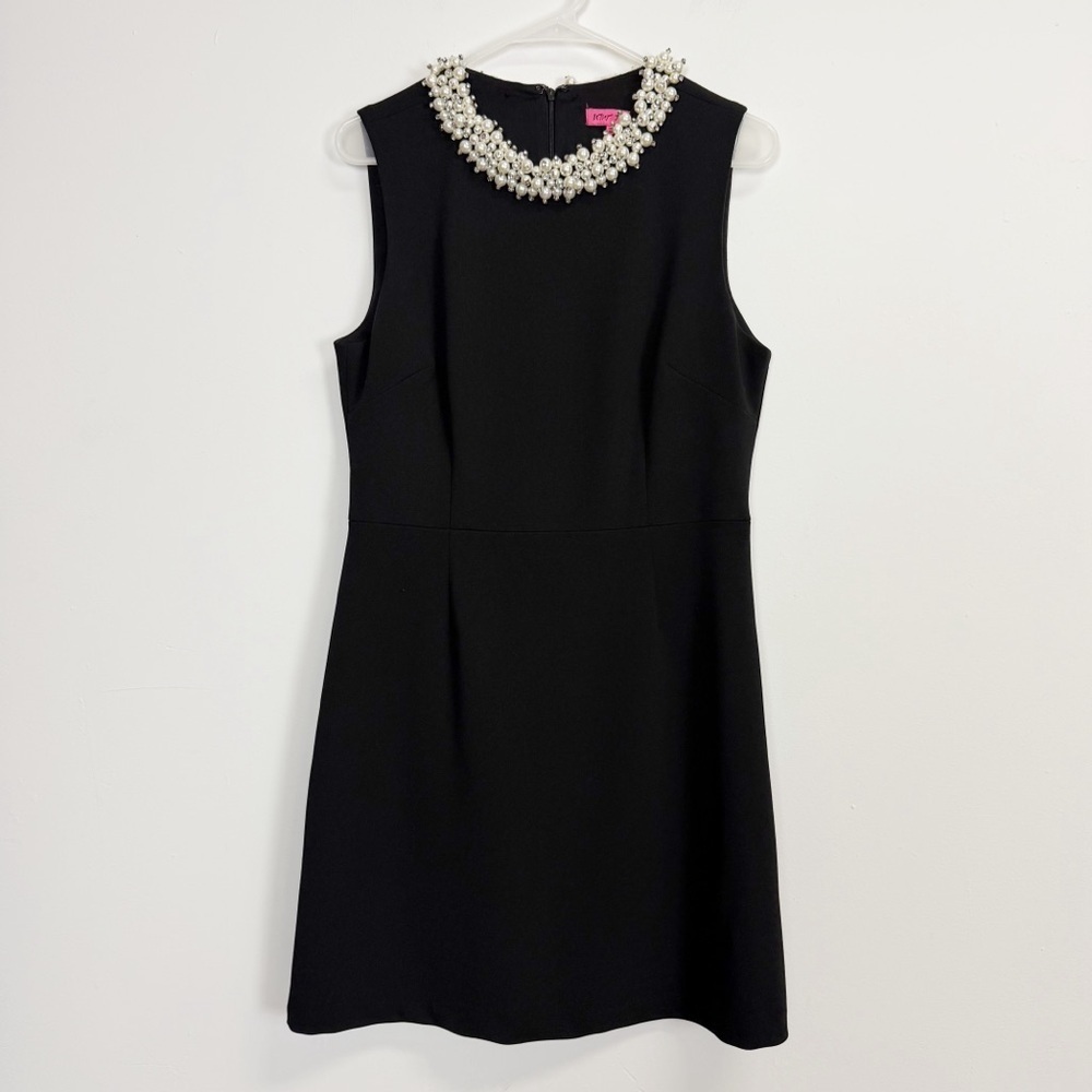 Betsey Johnson Sheath Dress Womens 10 Black Pearl Rhinestone Trim Neckline